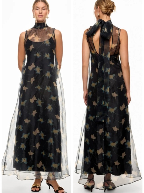 STAUD Dresses & Skirts - STAUD Albee Black Tulle Floral Maxi Dress Tie Back Botanical Shadows SZ S